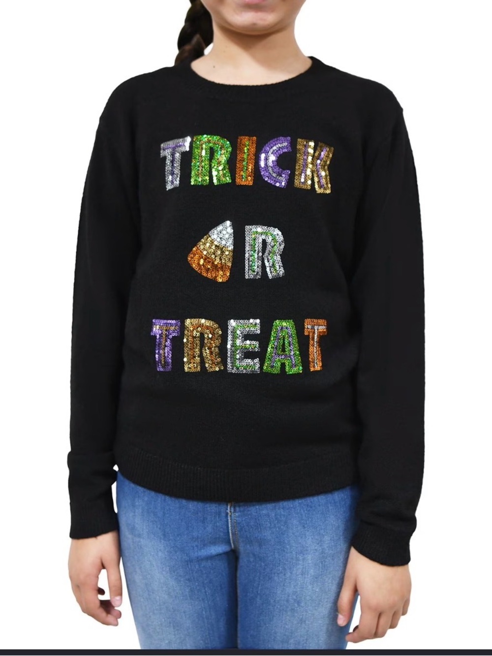 Zunie Black Sequin 'Trick Or Treat' Sweater with Multi-Color Letters